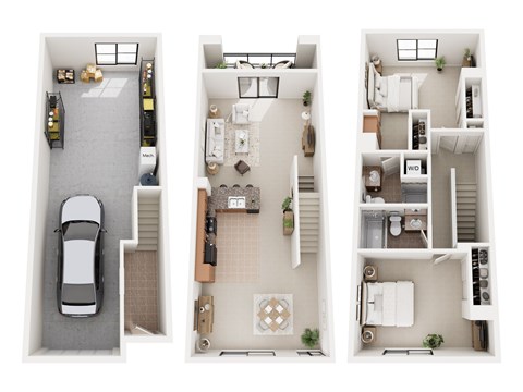 Three different floor plans of a house with a car parked in the driveway.